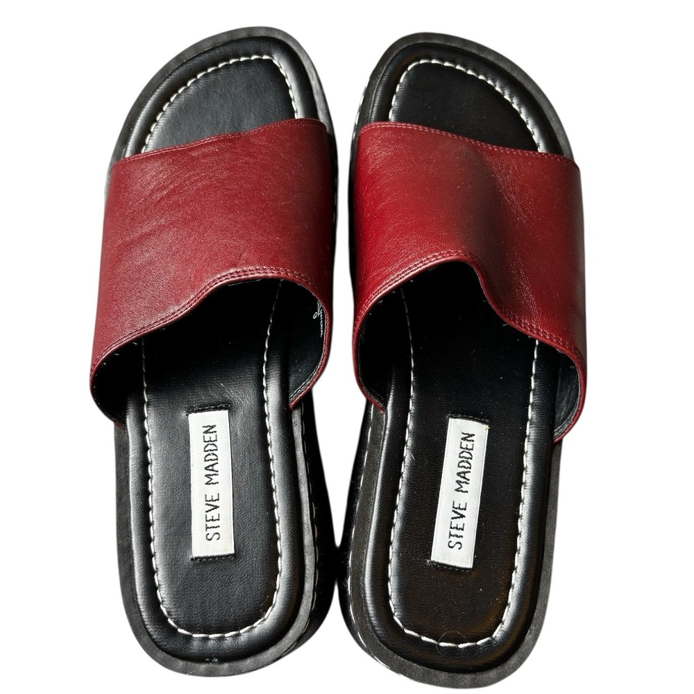 Steve Madden Clog Slip Ons Size 9 Burgundy Leather Upper Open Toe - Picture 4 of 11